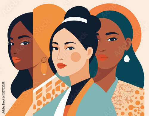 International Women's Day banner concept. Vector flat modern illustration of three female silhouettes of different nationalities, consisting of a pattern of abstract diverse female portraits