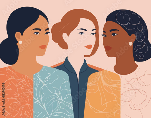 International Women's Day banner concept. Vector flat modern illustration of three female silhouettes of different nationalities, consisting of a pattern of abstract diverse female portraits