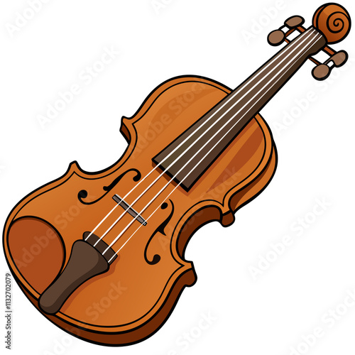 Violin illustration, wooden body, four strings, curved shape, detailed scroll, classic musical instrument, vector illustration, isolated, flat