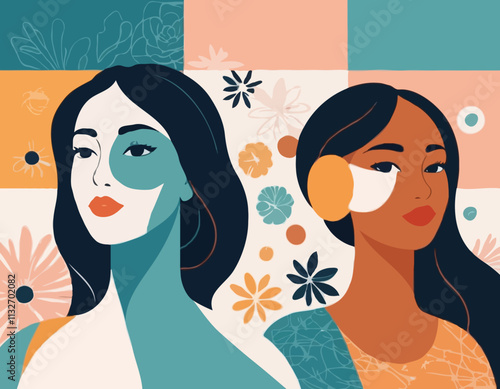 International Women's Day banner concept. Vector flat modern illustration of three female silhouettes of different nationalities, consisting of a pattern of abstract diverse female portraits