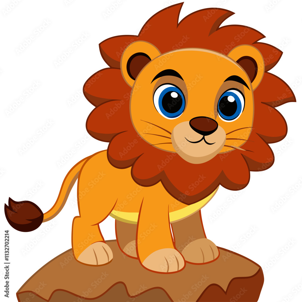 Fototapeta premium Cartoon lion character standing on rock, bright colors, friendly expression, large eyes, stylized design, vector illustration, isolated, flat