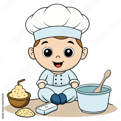 Cute chef character preparing food, smiling child in chef hat, bowl of ingredients, butter, mixing bowl, cartoon style, vector illustration, isolated, flat