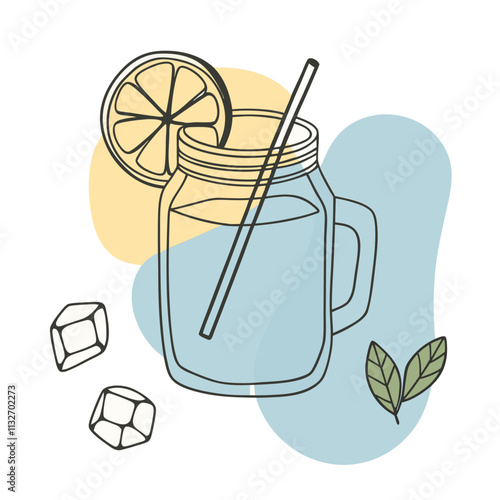 Lemonade drink illustration with ice cubes, lemon slice, and mint leaves, vector illustration, isolated, flat