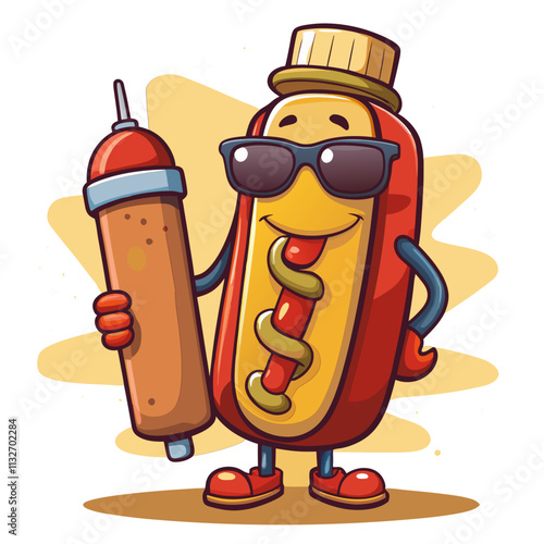 Cartoon hotdog character with sunglasses, holding mustard bottle, cheerful expression, vibrant colors, playful design, vector illustration, isolated, flat