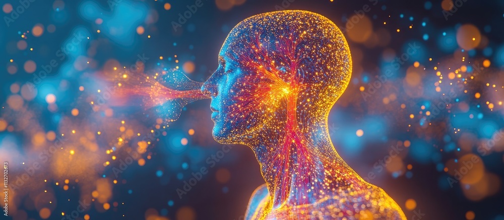 Fototapeta premium Abstract human head exhaling glowing particles.