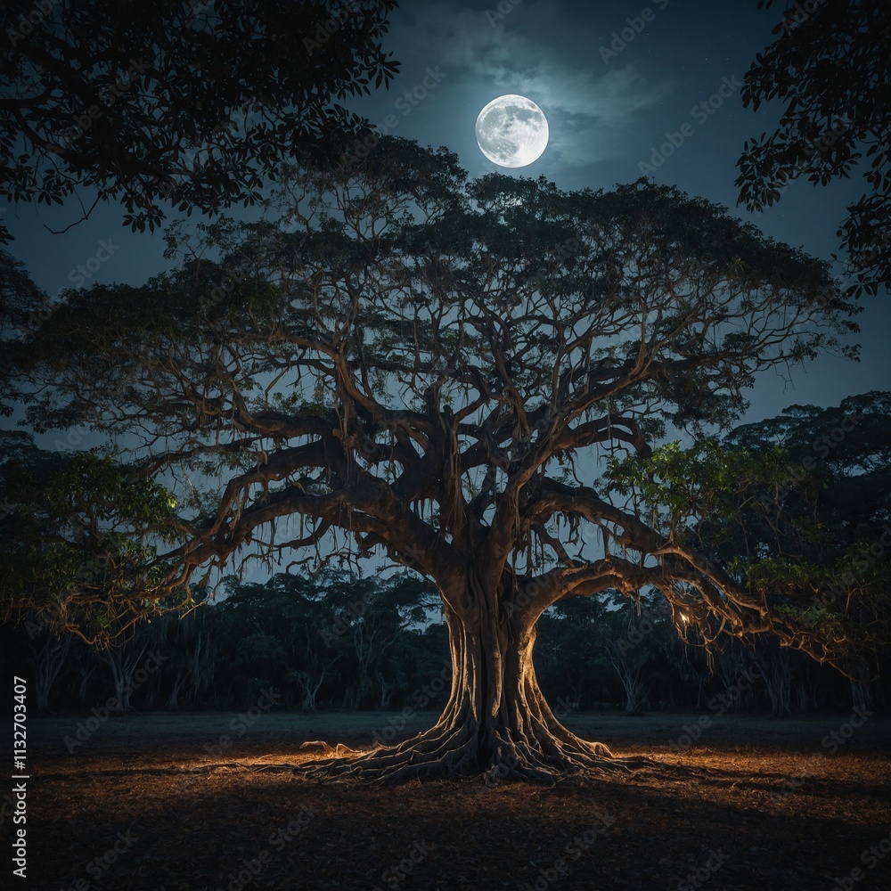 Fototapeta premium A sprawling banyan tree glowing under the silvery light of a full moon.