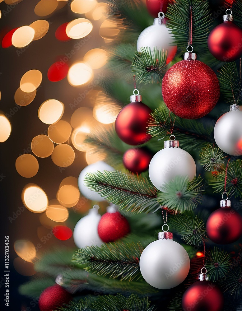 Obraz premium Banner or greeting card Christmas and New Year concept. Close up of red, white baubles on Christmas tree. Bokeh garlands in the background.