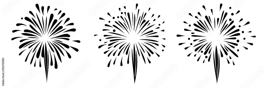 Fireworks explosion designs, three distinct black and white illustrations, radiating lines and droplets, abstract art, vector illustration, isolated, flat Fireworks explosion designs, three distinct black and white illustrations, radiating lines and droplets, abstract art, vector illustration, isolated, flat