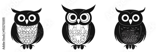 Stylized owls trio, black and white designs, unique patterns, cartoonish style, vector illustration, isolated, flat