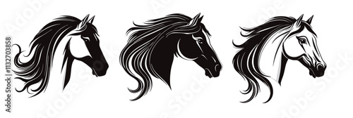 Horse silhouettes with flowing manes, three distinct styles, black and white designs, vector illustration, isolated, flat