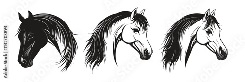 Horse heads illustration, three distinct styles, black and white, detailed mane and facial features, vector illustration, isolated, flat