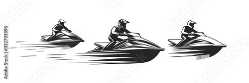 Jet ski riders racing on water, dynamic motion, sleek design, three riders in action, black and white illustration, vector illustration, isolated, flat