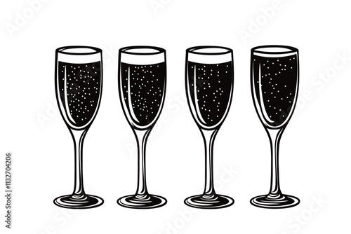 Champagne glasses with bubbles, four elegant flutes filled with sparkling beverage, celebration concept, vector illustration, isolated, flat