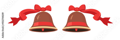 Bells with red bows, festive decoration, two brown bells adorned with red ribbons, perfect for holiday celebrations, vector illustration, isolated, flat