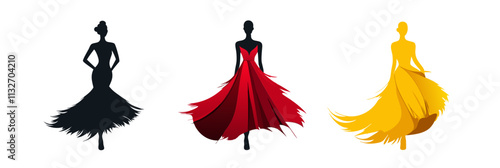 Elegant dresses silhouettes, black, red, yellow, showcasing flowing designs and vibrant colors, fashion illustration, vector illustration, isolated, flat