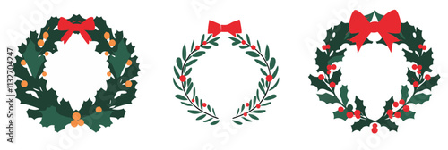 Christmas wreaths with red bows and holly leaves, three distinct designs featuring greenery and berries, vector illustration, isolated, flat