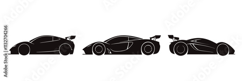 Silhouette of three sports cars, showcasing sleek designs and aerodynamic features, emphasizing speed and performance., vector illustration, isolated, flat