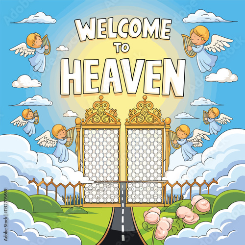 heaven gait with angel in cloudy sky illustration