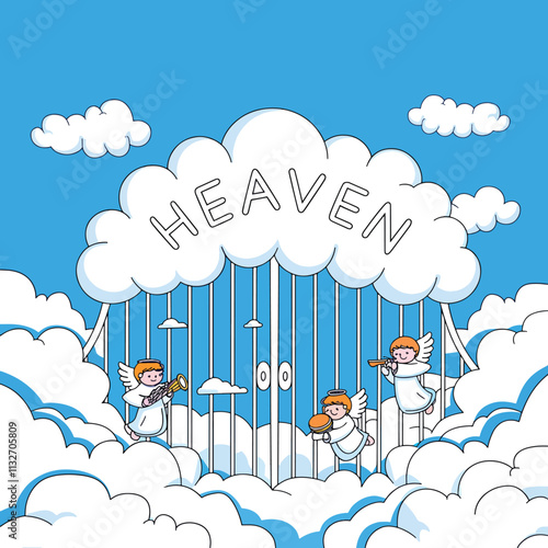 heaven gait with angel in cloudy sky illustration