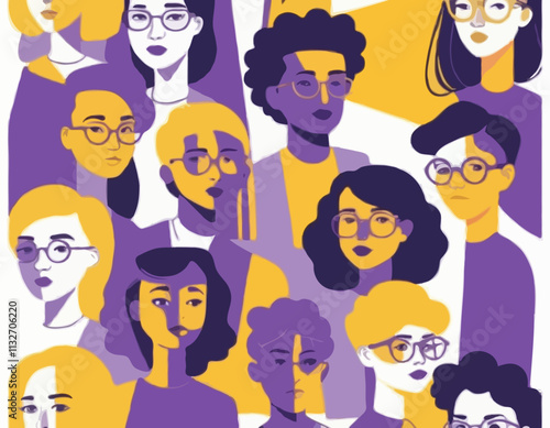 Group of non-binary people. Vector illustration in yellow-purple colors of diverse cartoon young adult people without gender identity in trendy flat style. Isolated on white