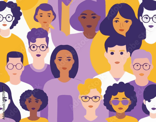 Group of non-binary people. Vector illustration in yellow-purple colors of diverse cartoon young adult people without gender identity in trendy flat style. Isolated on white