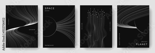 Set of abstract space astronomy backgrounds. Line art planet, galaxy, eclipse, black hole. Science future concept. Cosmic minimalist design for cover, poster, layout, banner, flyer, brochure