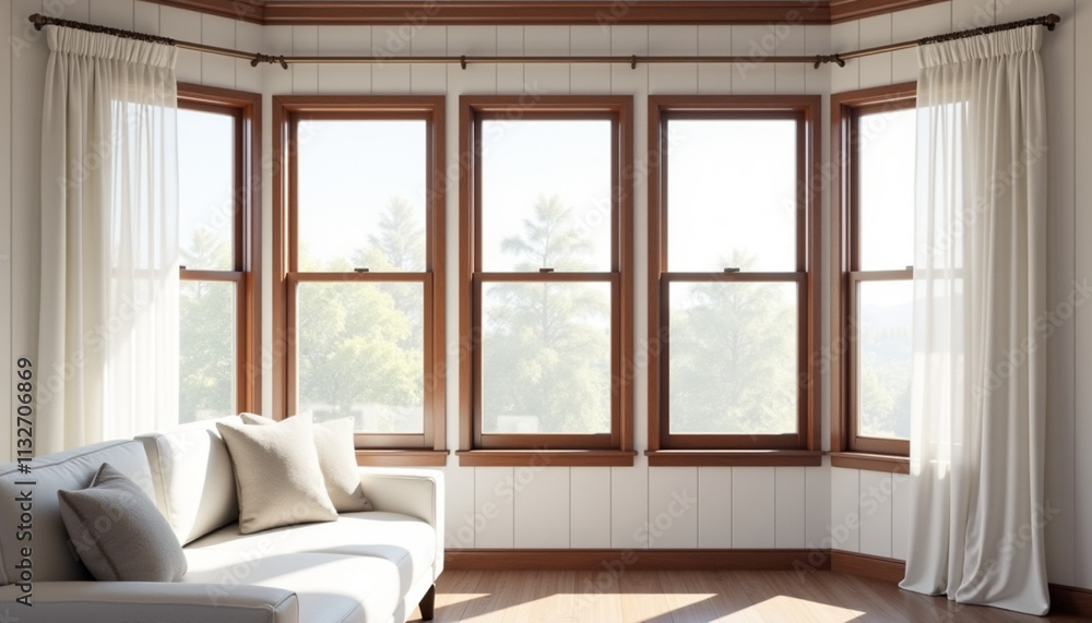 Fototapeta premium Bright and welcoming bay window area in a cozy living room