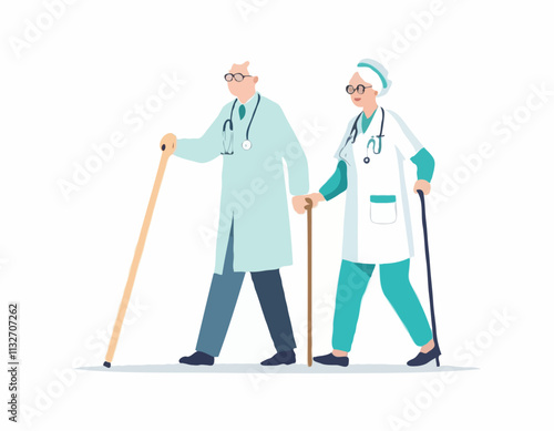 Elderly people support. Vector illustration of senior woman with walking stick and a young male nurse helping her. Isolated on white.