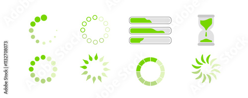 Collection of green loading animations and progress bar icons, hourglass, spinner, and progress indicators vector illustration