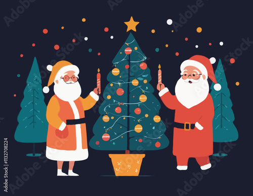 Christmas Seniors. Vector illustration of diverse elderly people in Christmas outfits standing together with Bengal lights. Isolated on the background with a Christmas tree