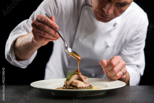 Chef emplatando un plato de comida de alta cocina. Generado con IA photo