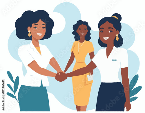 Hiring a new member. Vector illustration in cartoon flat style of the multiracial business team and two friendly women are shaking hands. Isolated on white