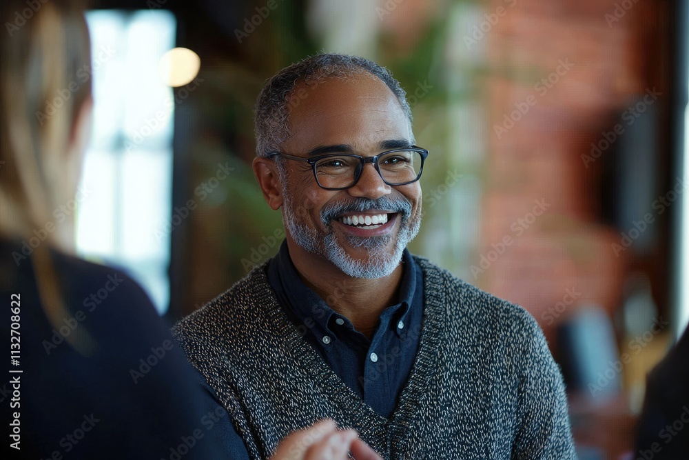 Fototapeta premium Professional Business Meeting with Smiling Man in Glasses Shaking Hands with Colleague in Modern Office Setting with Natural Light