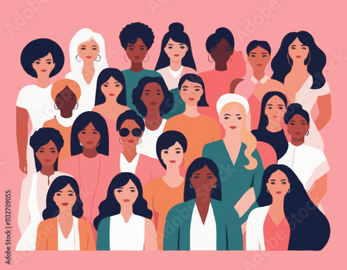 International Women's Day concept. Vector horizontal illustration in modern flat style of a big group of diverse multiracial women. Isolated on pink background
