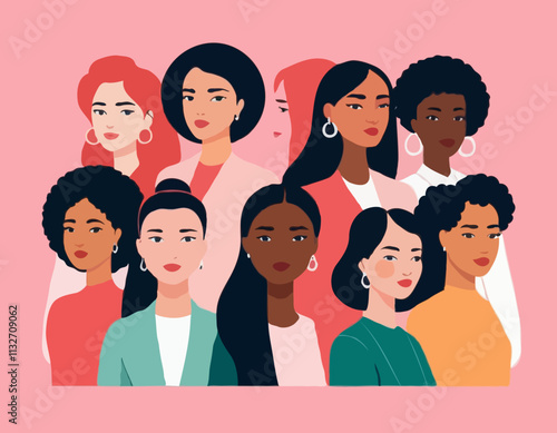 International Women's Day concept. Vector horizontal illustration in modern flat style of a big group of diverse multiracial women. Isolated on pink background
