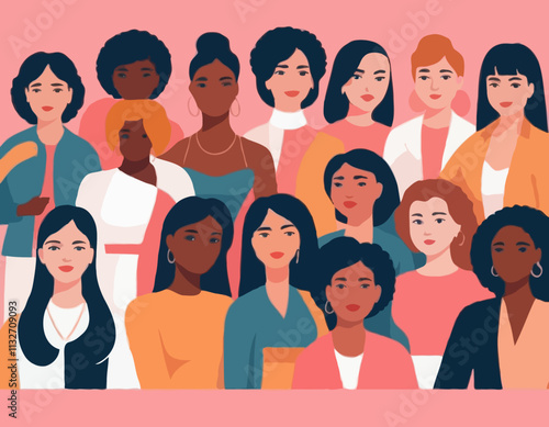International Women's Day concept. Vector horizontal illustration in modern flat style of a big group of diverse multiracial women. Isolated on pink background