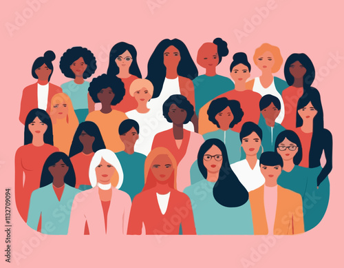 International Women's Day concept. Vector horizontal illustration in modern flat style of a big group of diverse multiracial women. Isolated on pink background