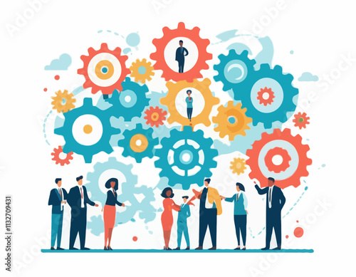 Business Teamwork concept. Contemporary flat style abstract vector illustration of a company of diverse people establishing a work process in gears. Isolated on background