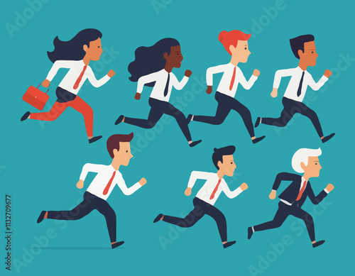 Business rivalry concept. Vector illustration in flat style of a group of diverse people in business attire running in a race. Isolated on background