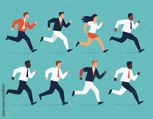 Business rivalry concept. Vector illustration in flat style of a group of diverse people in business attire running in a race. Isolated on background