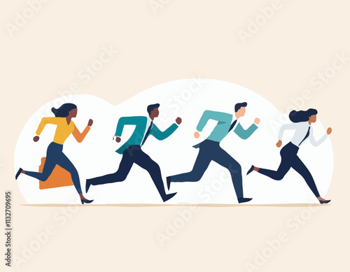 Business rivalry concept. Vector illustration in flat style of a group of diverse people in business attire running in a race. Isolated on background