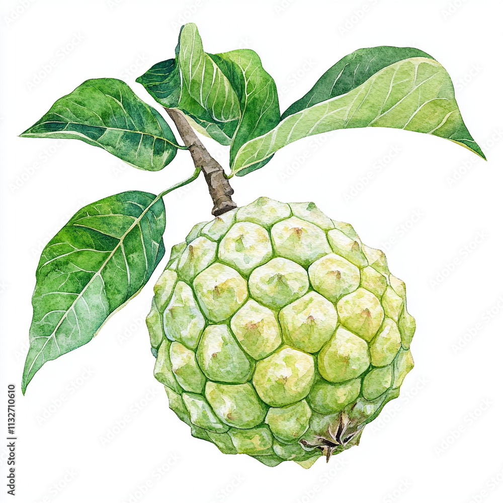 Fototapeta premium Watercolor illustration of custard apple with green leaves