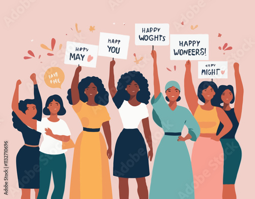 International Women's Day greeting card. Vector cartoon flat illustration of a group of diverse women protesting for their rights. Isolated on the background.