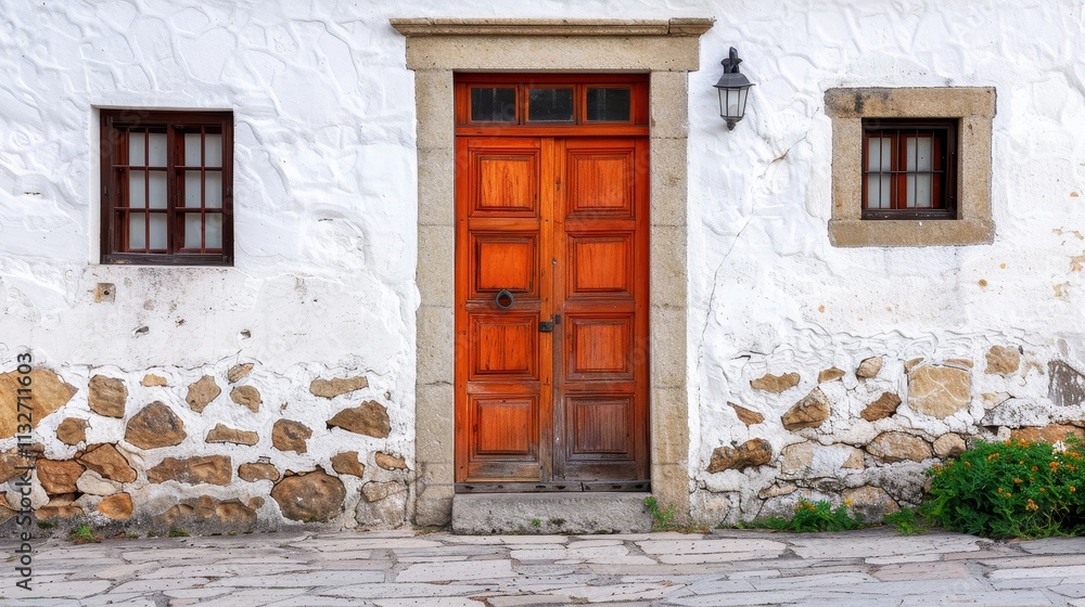 Fototapeta premium Rustic Orange Doorway on Whitewashed Stone Wall