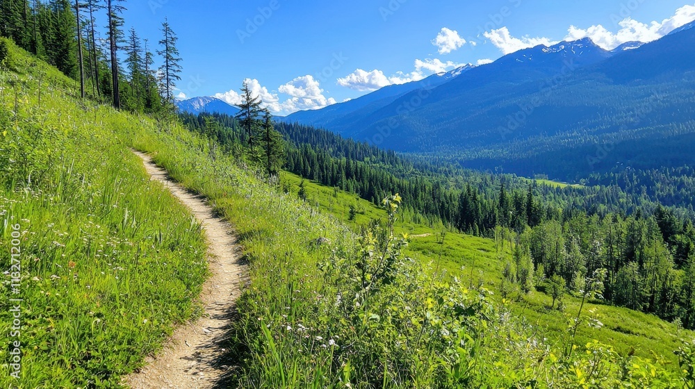 Fototapeta premium Scenic Mountain Trail Surrounded by Lush Greenery and Blue Sky