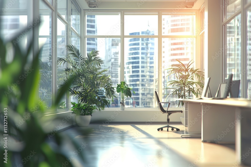 Fototapeta premium Modern Office Interior with Large Windows, Sleek Desks, Office Chairs, and Indoor Plants Creating a Bright and Inviting Workspace for Productivity
