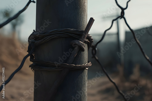 Close-up of rusty wire wrapped around a wooden fence post. photo