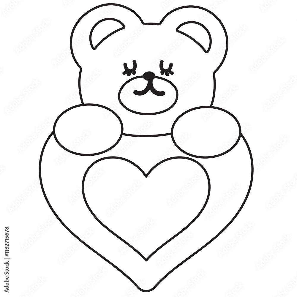 Obraz premium Outline of teddy bear and heart for kid colouring book, art, painting, animal print, tattoo, zoo, souvenir shop, cartoon character, comic, mascot, colouring page, amusement park, cute patch, tattoo 