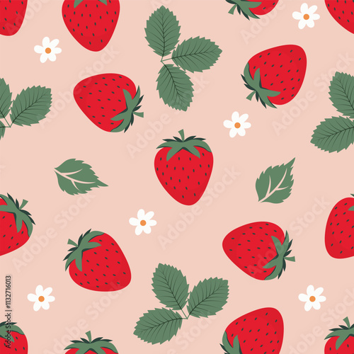 Seamless pattern of fresh strawberries, leaves and flowers on pink background