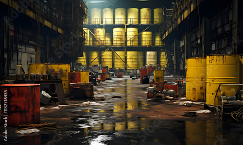 Depot with storage of yellow barrels with radioactive and harmful waste. Unsuitable areas for storage of toxic waste.